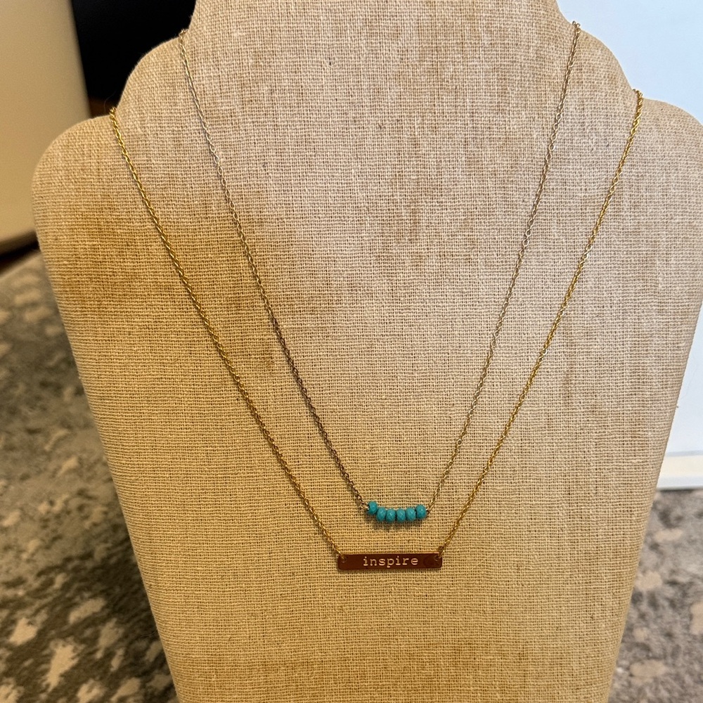 Inspire Bar Necklace with Turquoise Bead Accent - Gold Tone